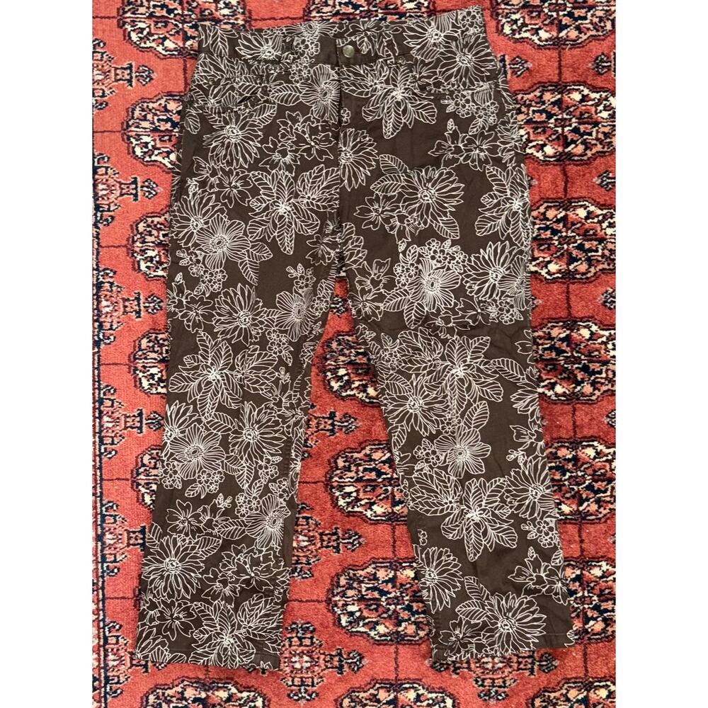 JONES NEW YORK‎ 8 Ivory Floral Print on Brown 5-Pocket Jeans Style Pants